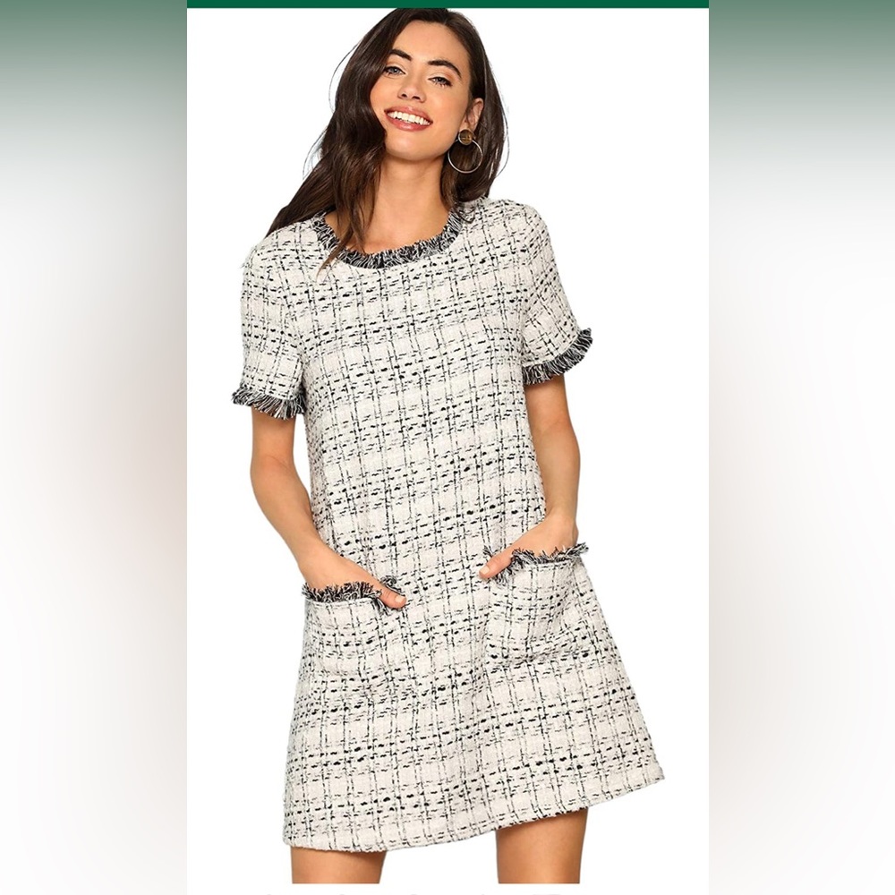 Floerns Women's Tweed Short Sleeve Shift Tunic Dress with Pockets